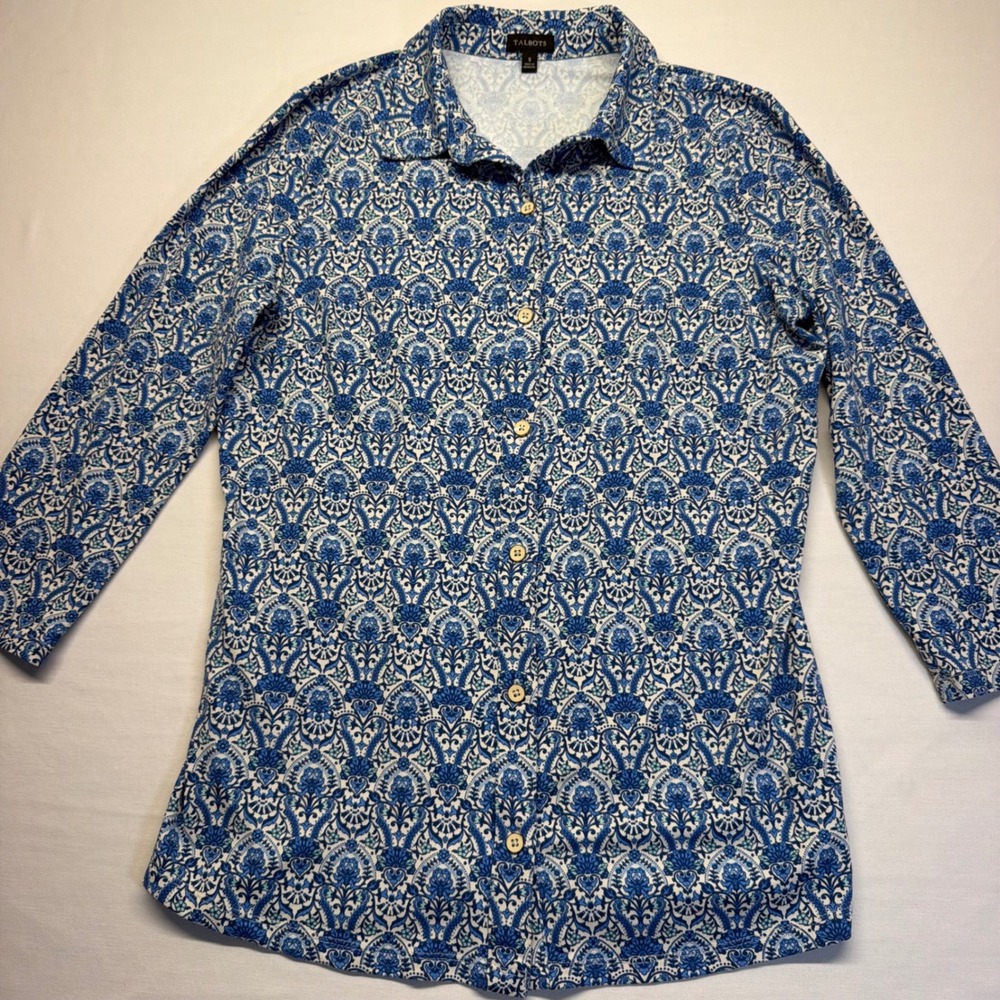 Talbots Button Down Shirt S Blue White Women Paisley Stretch Knit 3/4 Sleeve